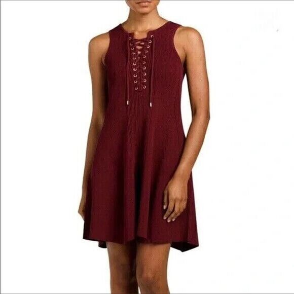 Torn by Ronny Kobo Wine Maroon Ribbed Knit Lace Up Dress Medium - Picture 1 of 6